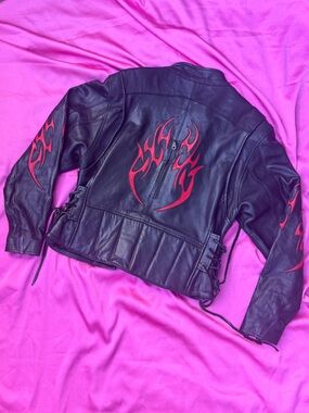 ❤️‍🔥Leather Motorcycle Jacket with Red Tribal Accents❤️‍🔥